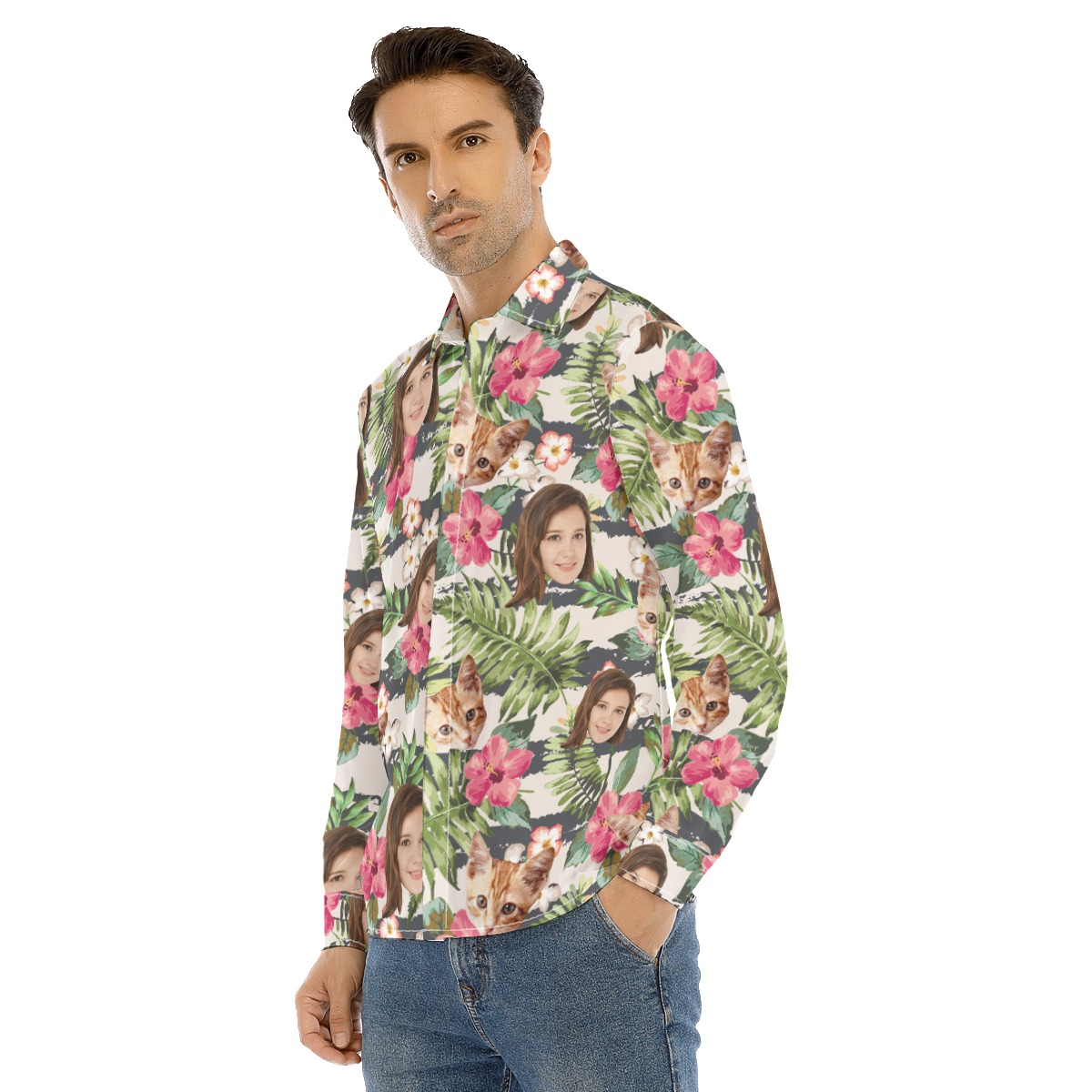 Tropical Custom Face Men's Hawaiian Long Sleeve Shirt