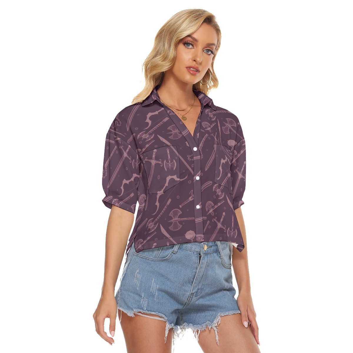 Dnd Medieval Weapons Cropped Hawaiian Shirt For Women