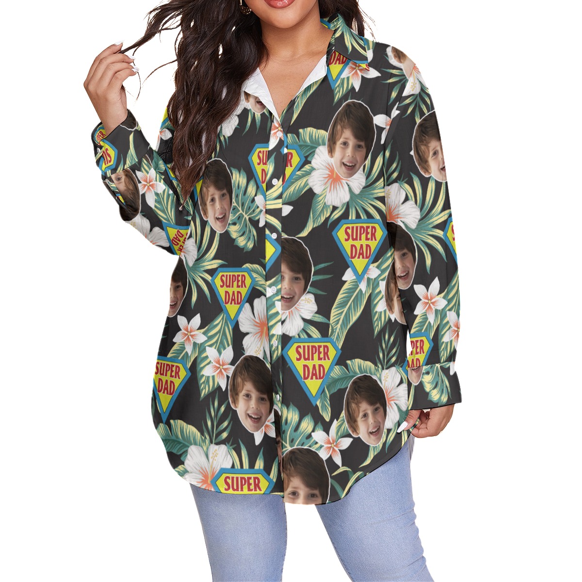 Funny Super Dad Custom Face Plus Size Women's Hawaiian Shirt - variant image 1