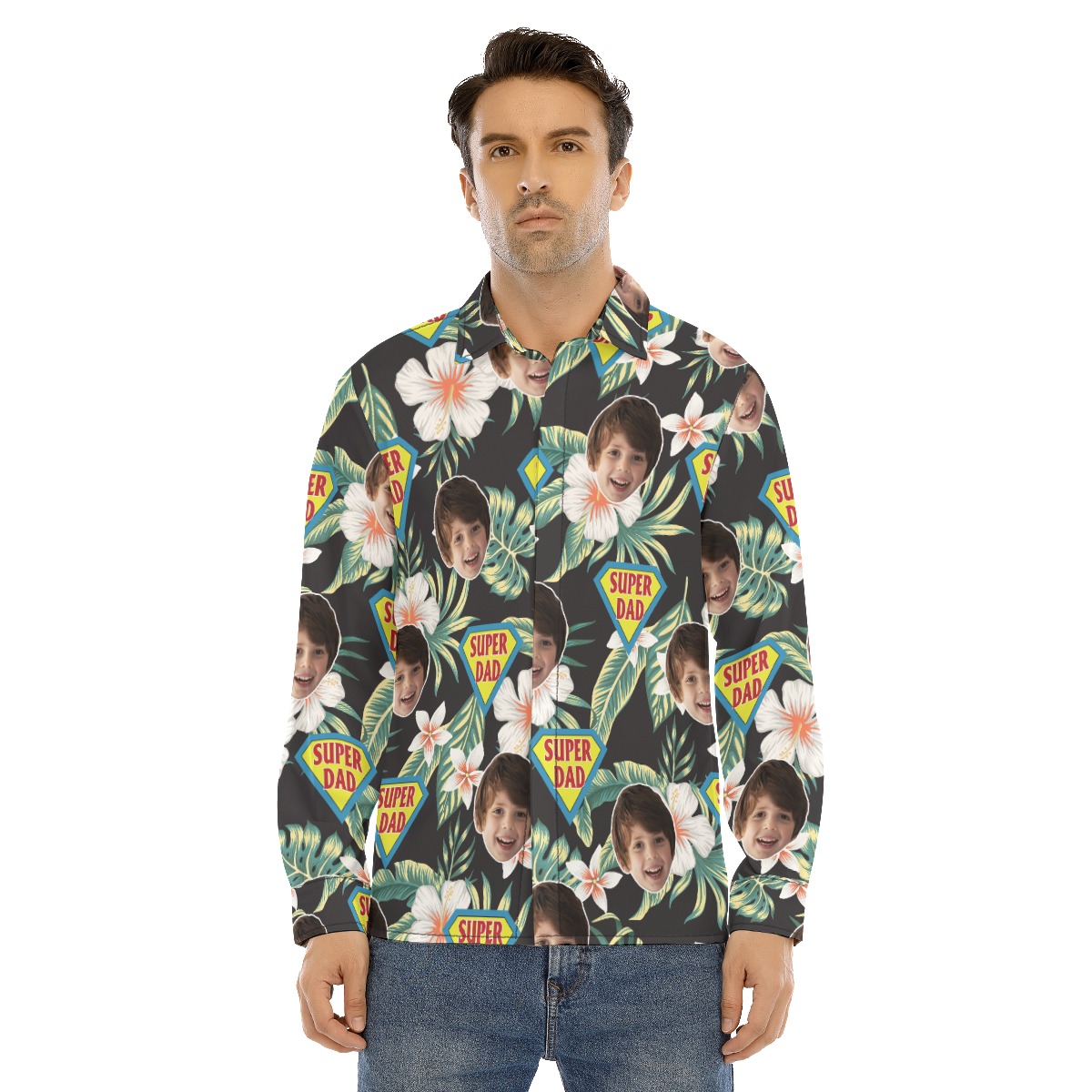 Funny Custom Face Super Dad Hawaiian Long Sleeve Shirt - variant image 1