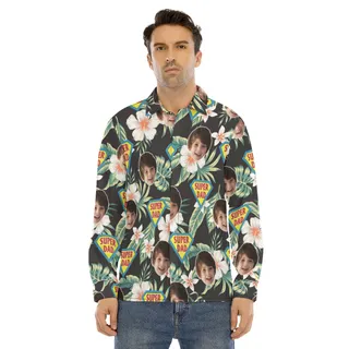 Funny Custom Face Super Dad Hawaiian Long Sleeve Shirt