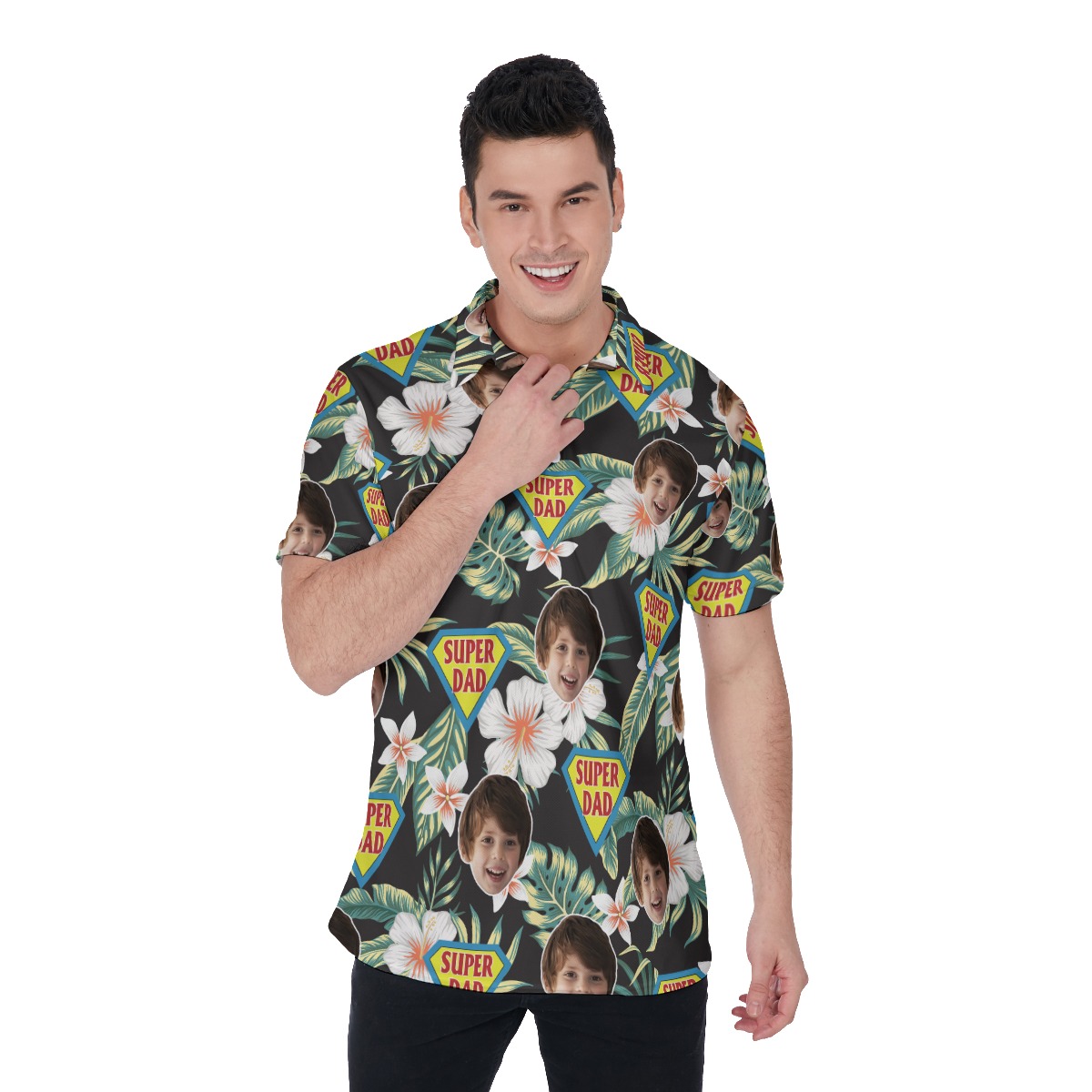 Funny Custom Face Super Dad Hawaiian Polo Shirt For Father's Day - variant image 1