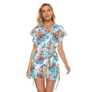 Custom Face Surfing Man Blue Hawaiian Dress With Belt For Women