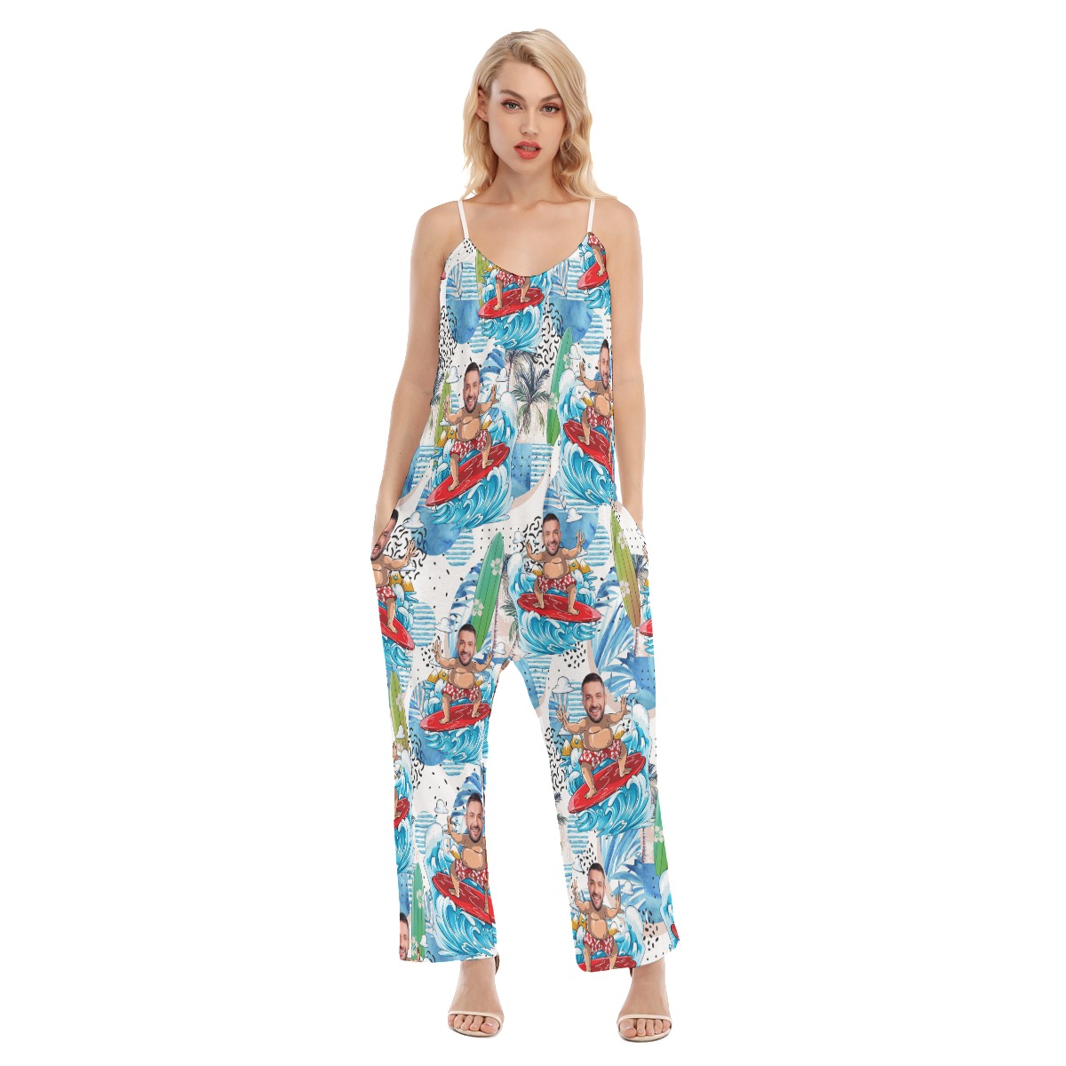 Funny Custom Face Surfing Man Hawaiian Loose Jumpsuit For Women - variant image 1