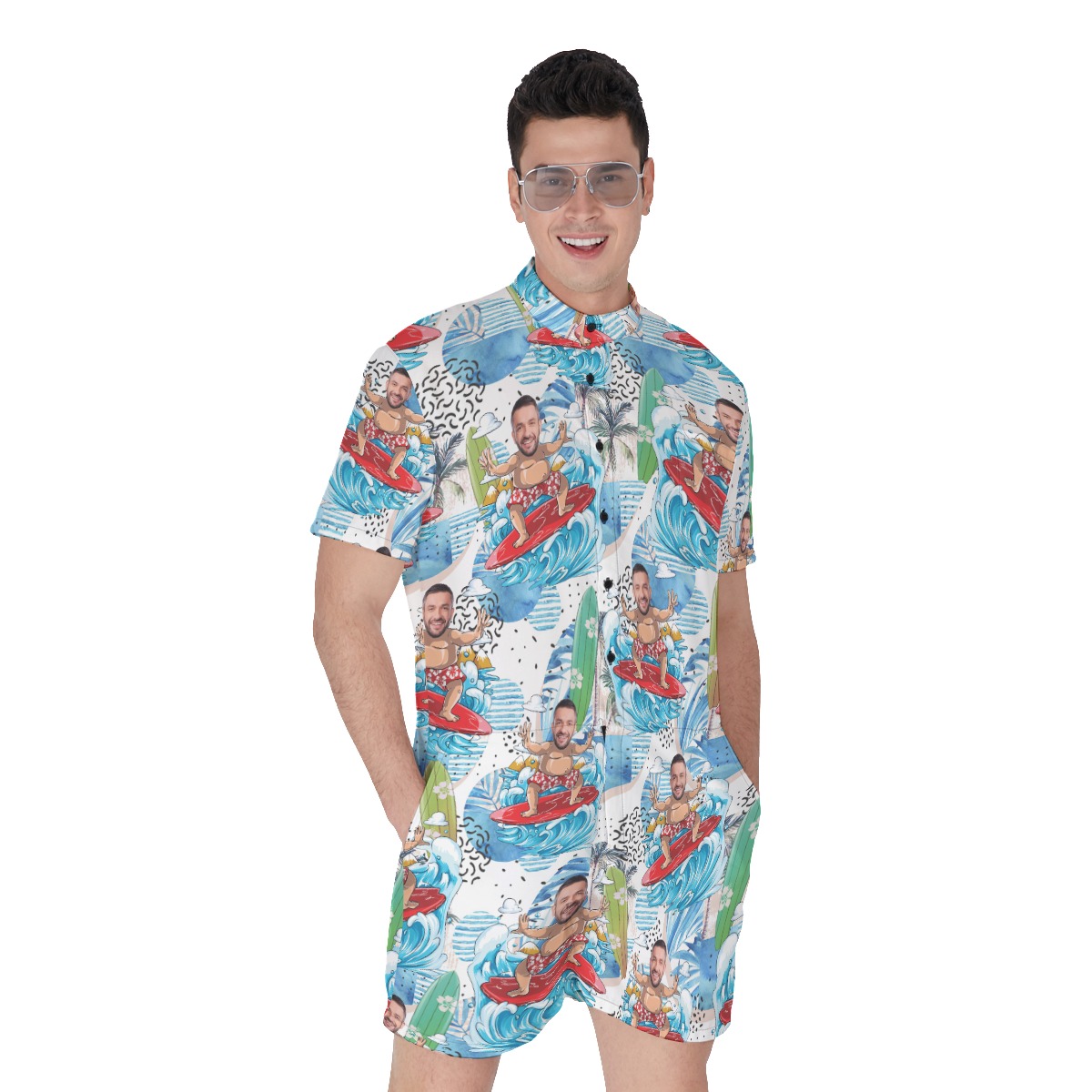 Cute Surfing Man Custom Face Hawaiian Romper - variant image 1