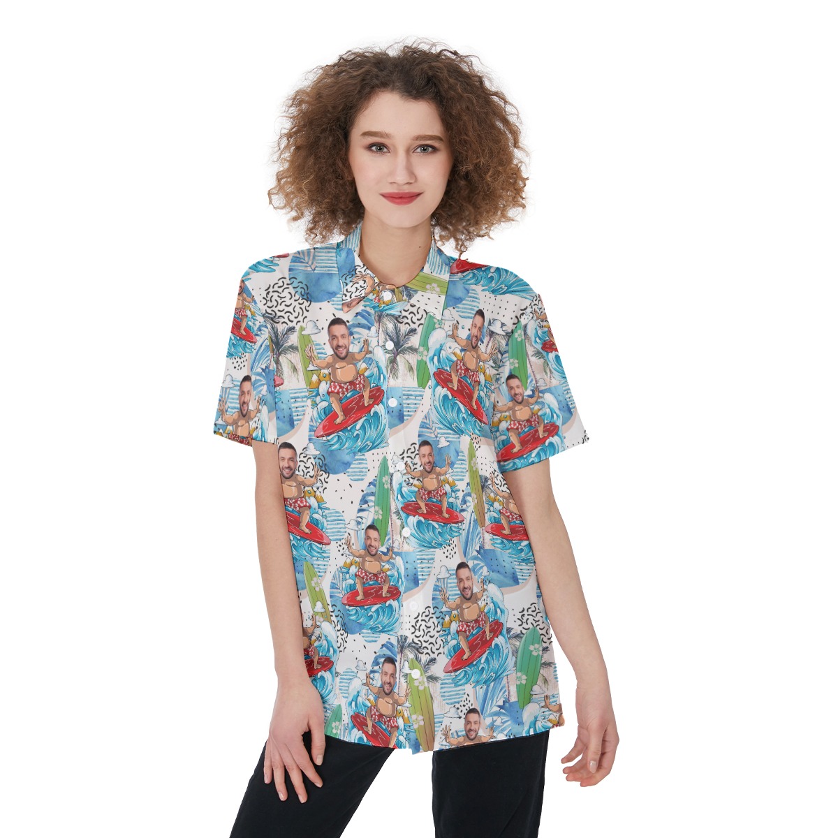 Funny Custom Face Surfing Women's Hawaiian Shirt - variant image 1