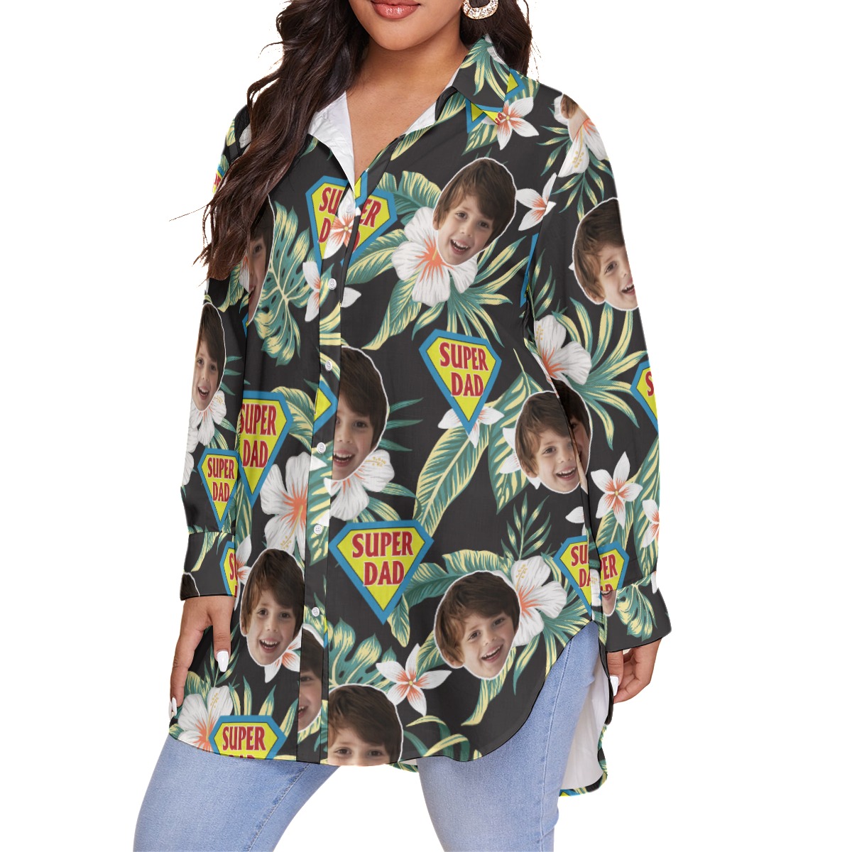 Funny Super Dad Custom Face Plus Size Women's Hawaiian Shirt
