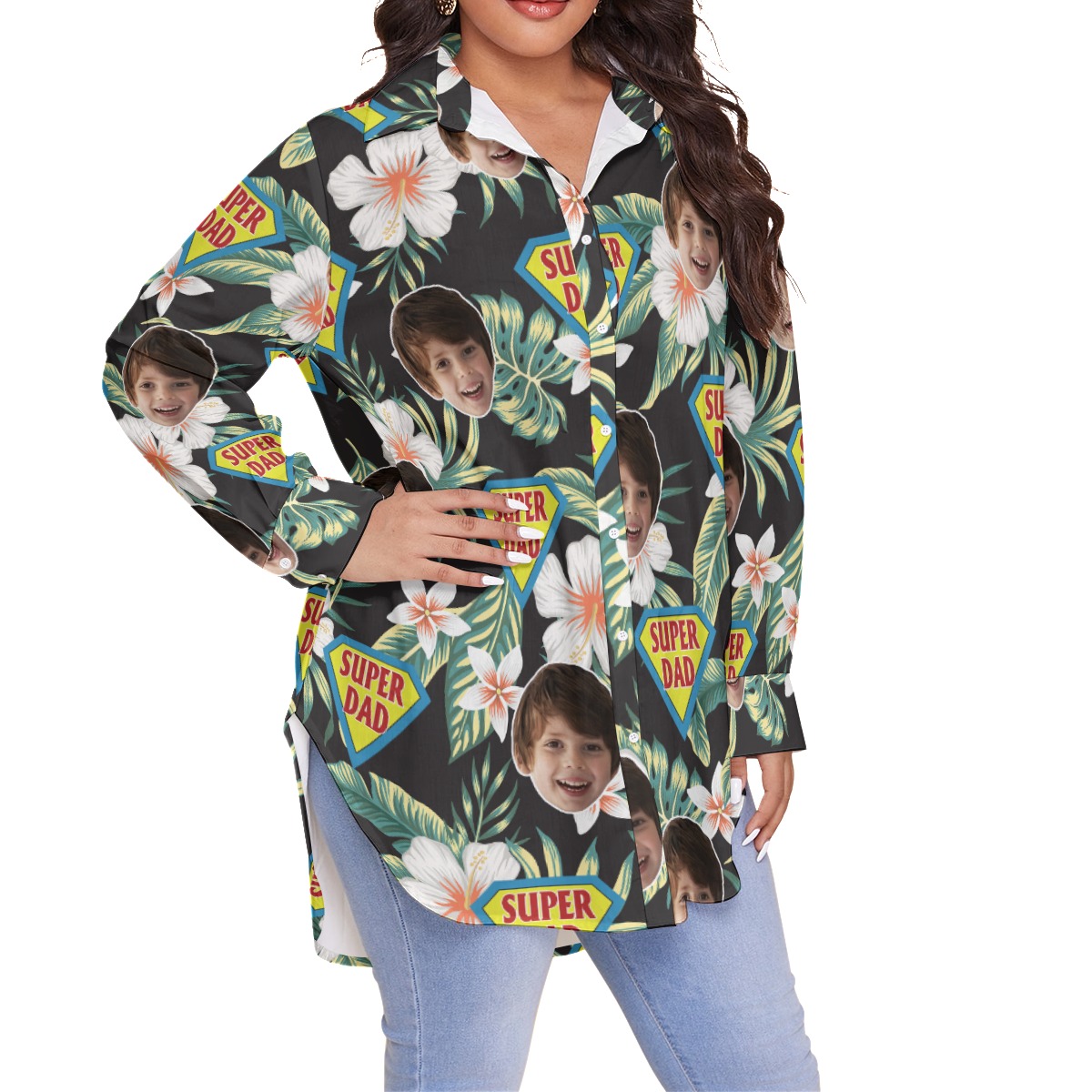 Funny Super Dad Custom Face Plus Size Women's Hawaiian Shirt