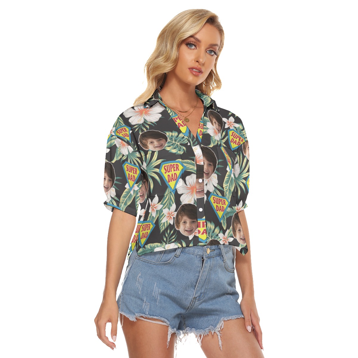 Funny Custom Face Super Dad Aloha Crop Top Shirt For Women