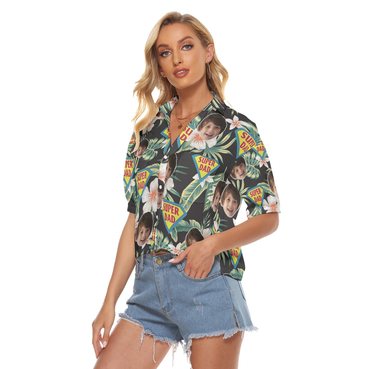 Funny Custom Face Super Dad Aloha Crop Top Shirt For Women