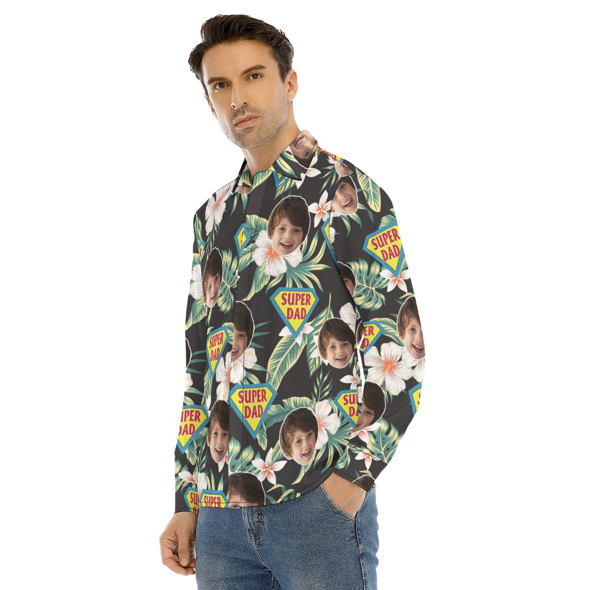 Funny Custom Face Super Dad Hawaiian Long Sleeve Shirt
