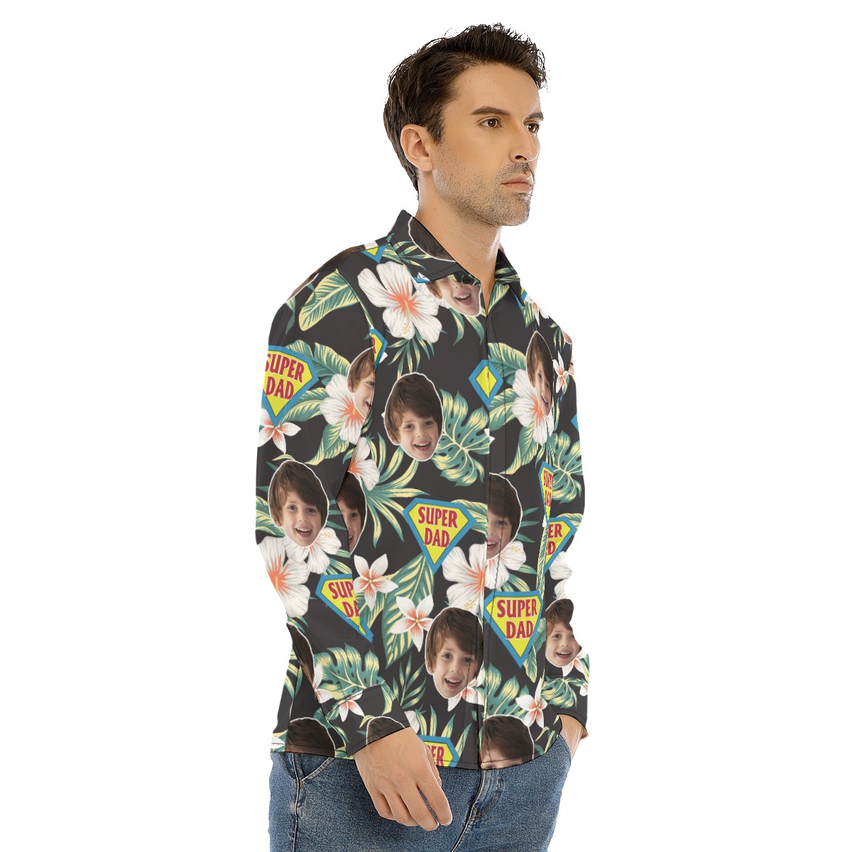 Funny Custom Face Super Dad Hawaiian Long Sleeve Shirt