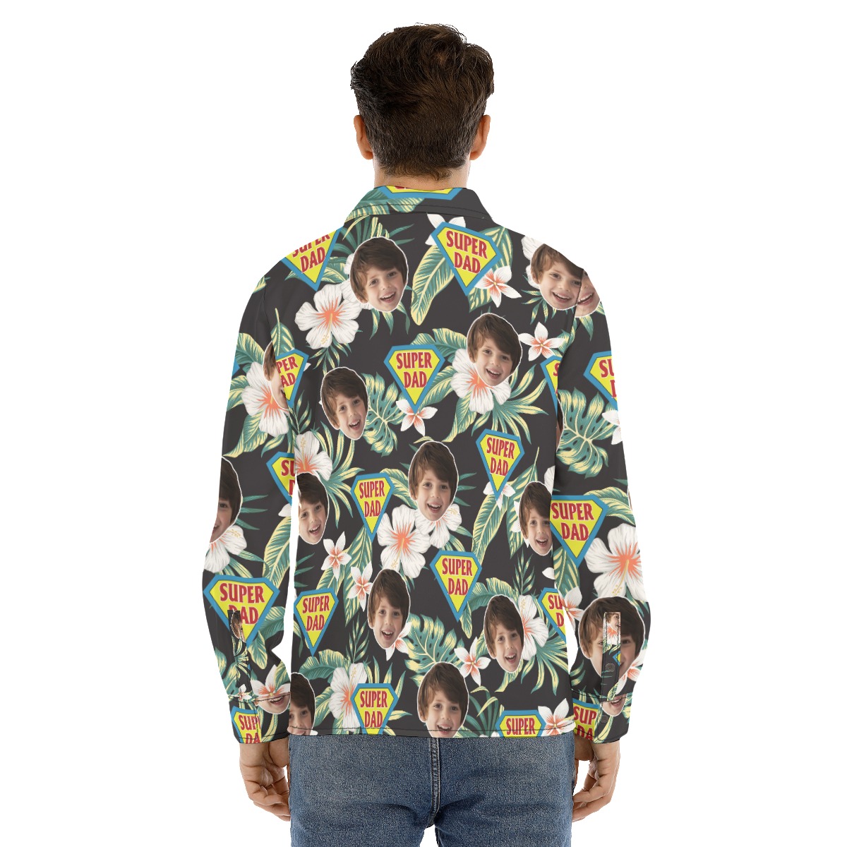 Funny Custom Face Super Dad Hawaiian Long Sleeve Shirt