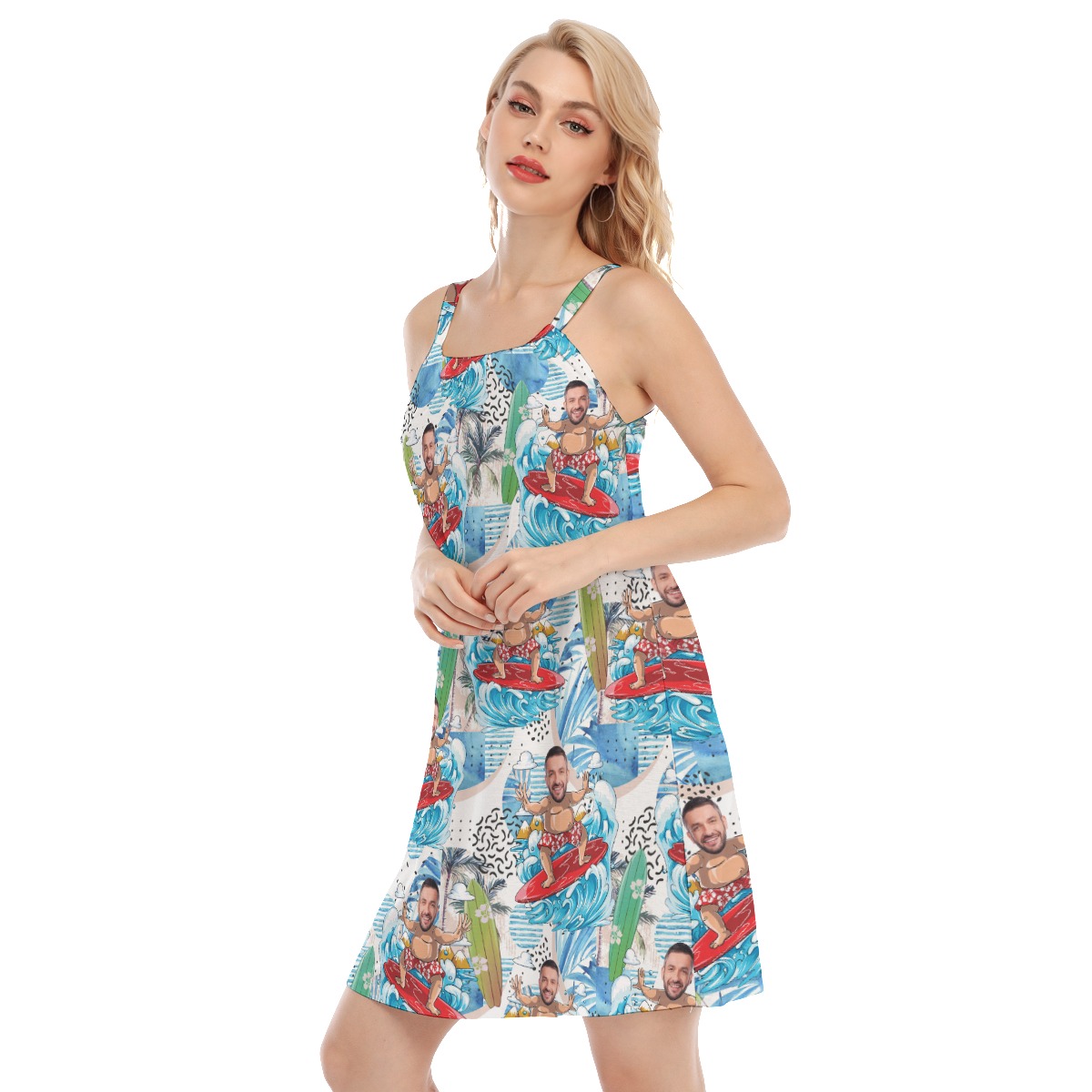 Funny Custom Face Surfing Man Hawaiian Cami Dress For Women