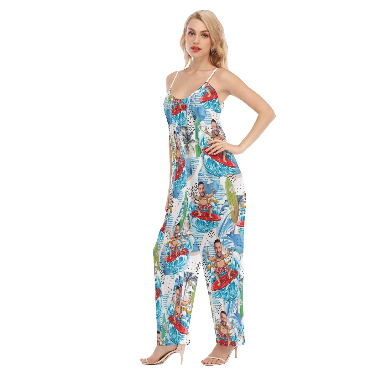 Funny Custom Face Surfing Man Hawaiian Loose Jumpsuit For Women
