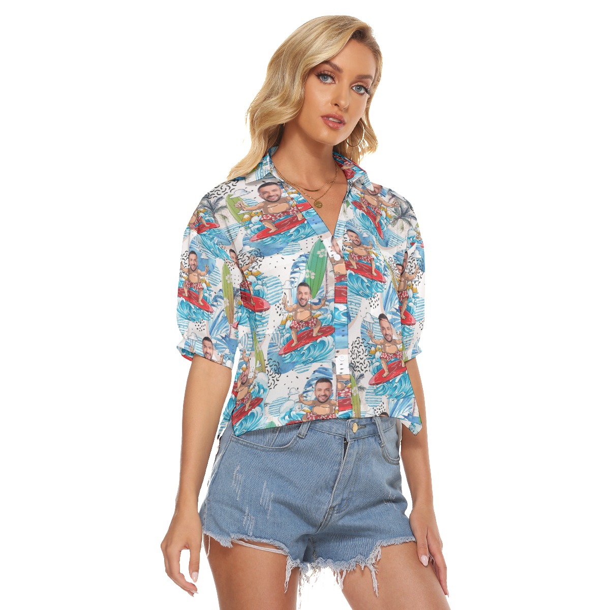 Custom Face Surfing Blue Hawaiian Cropped Shirt For Women