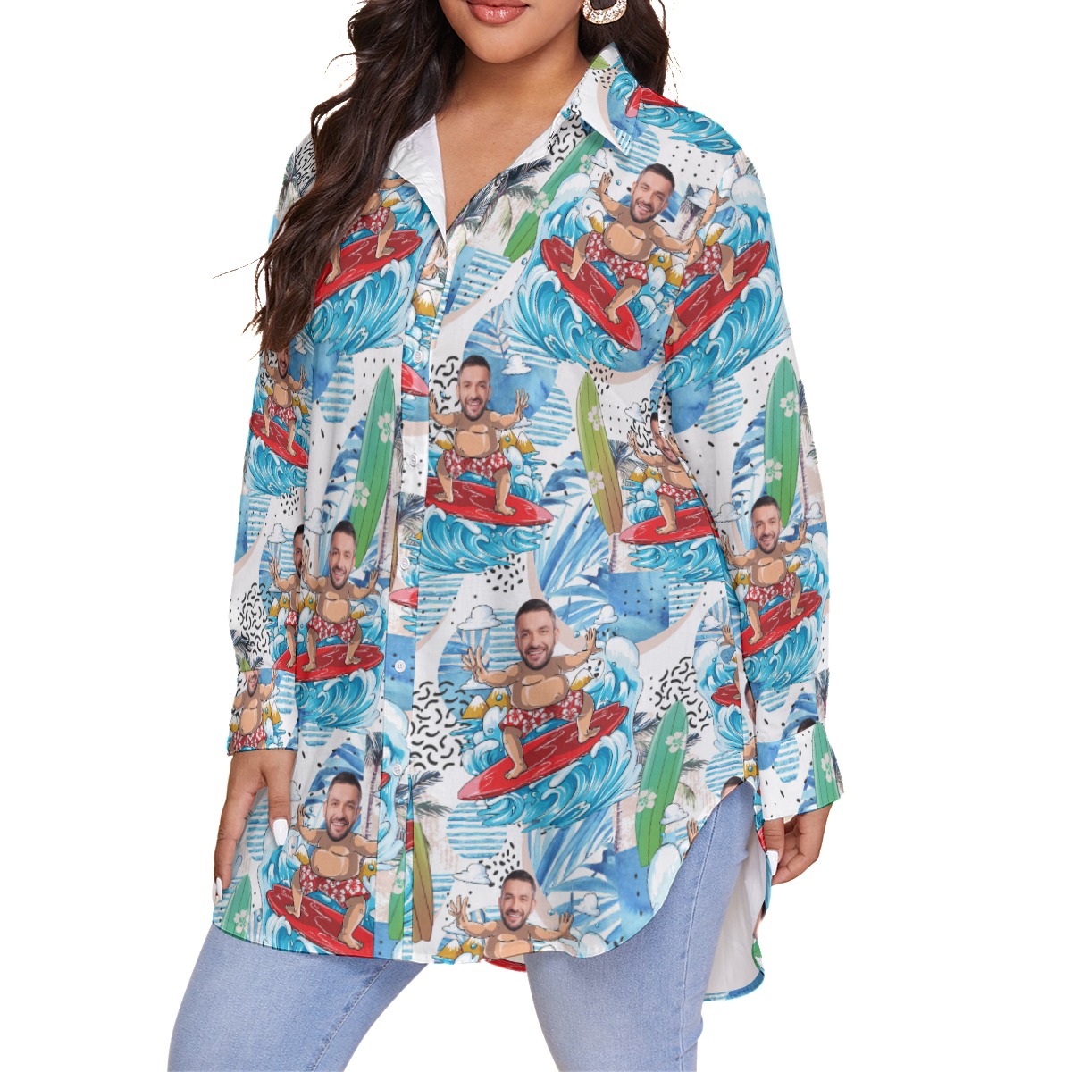 Custom Face Surfing Blue Summer Hawaiian Over Size Shirt For Women