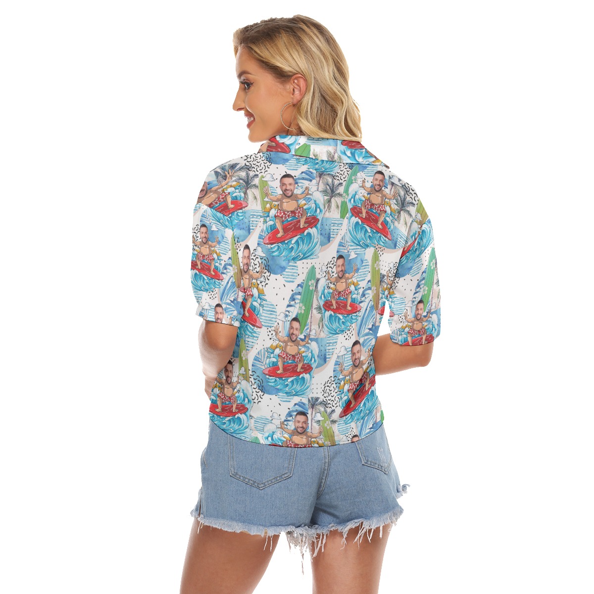 Custom Face Surfing Blue Hawaiian Cropped Shirt For Women