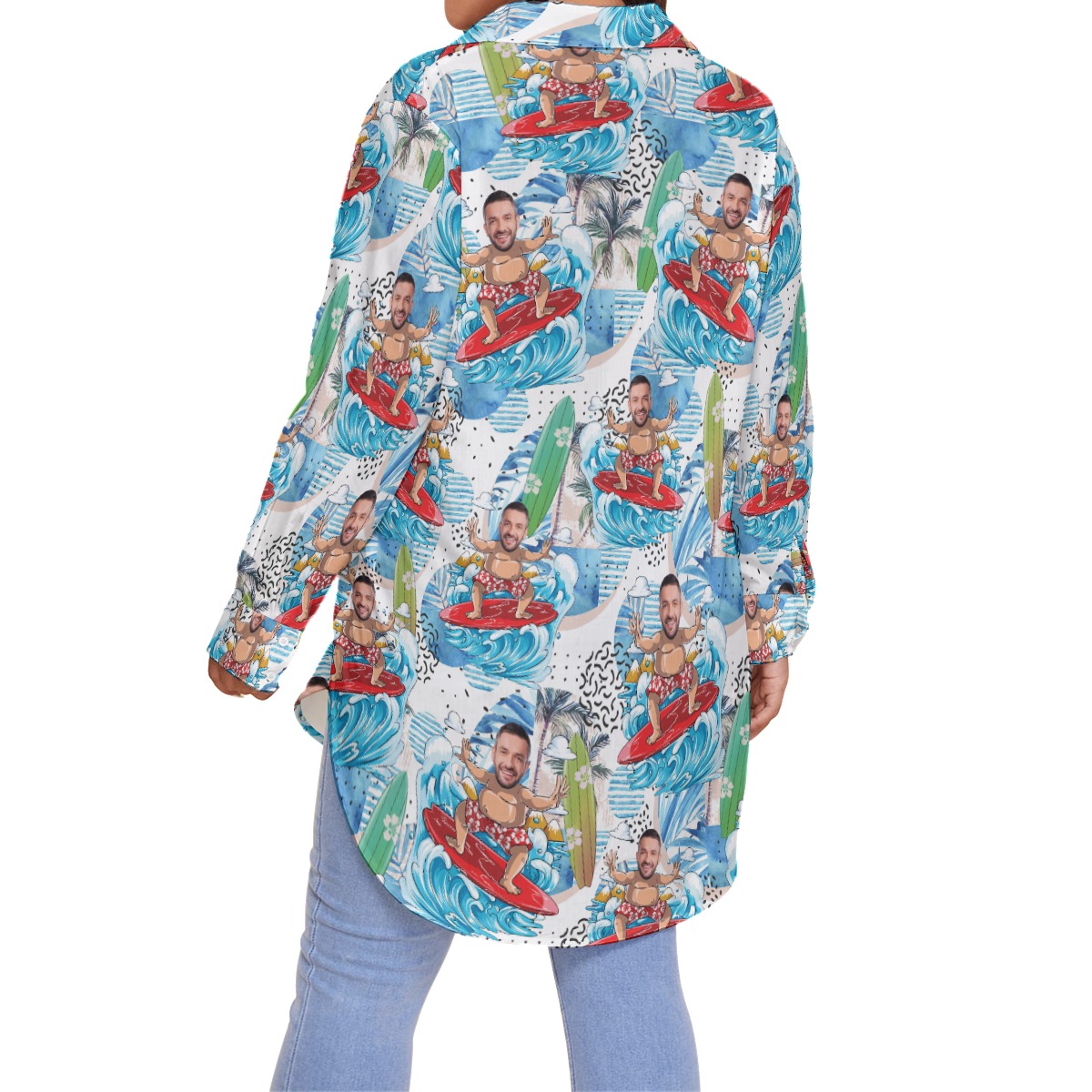 Custom Face Surfing Blue Summer Hawaiian Over Size Shirt For Women