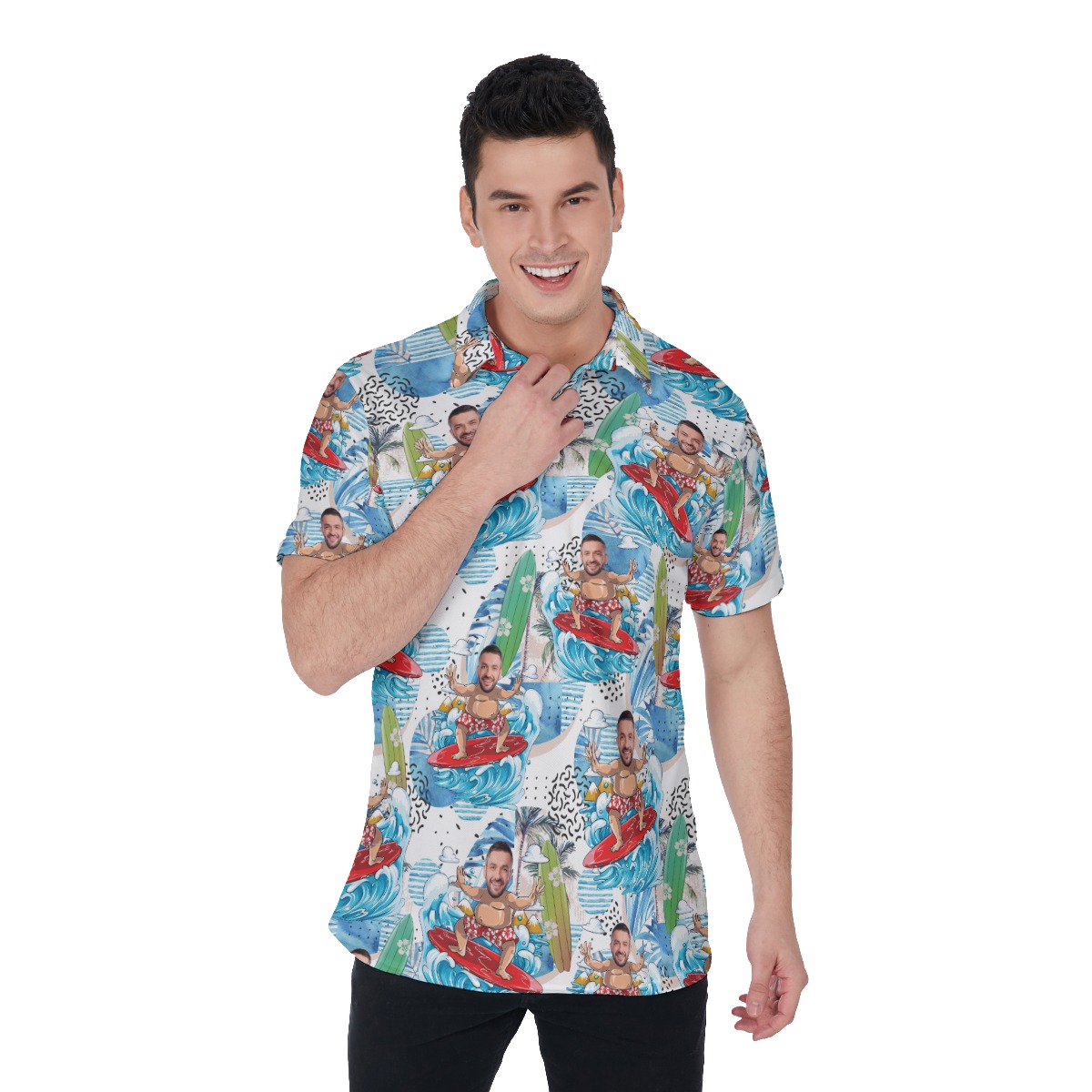 Custom Face Surfing Blue Hawaiian Polo Shirt For Men - variant image 1