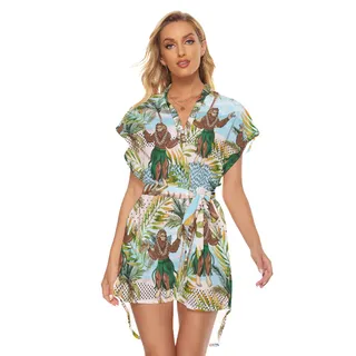 Funny Hula Bigfoot Tropical Hawaiian Dress With Tie For Summer