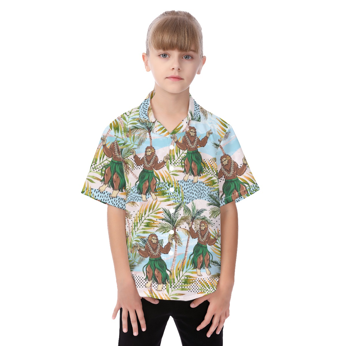 Funny Hula Bigfoot Tropical Aloha Button Up Shirt For Kids - variant image 1