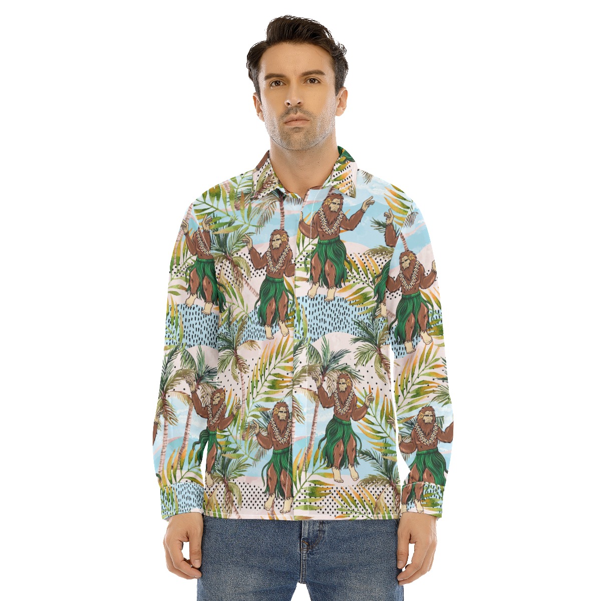 Funny Bigfoot Hawaiian Style Long Sleeve Shirt For Men - variant image 1
