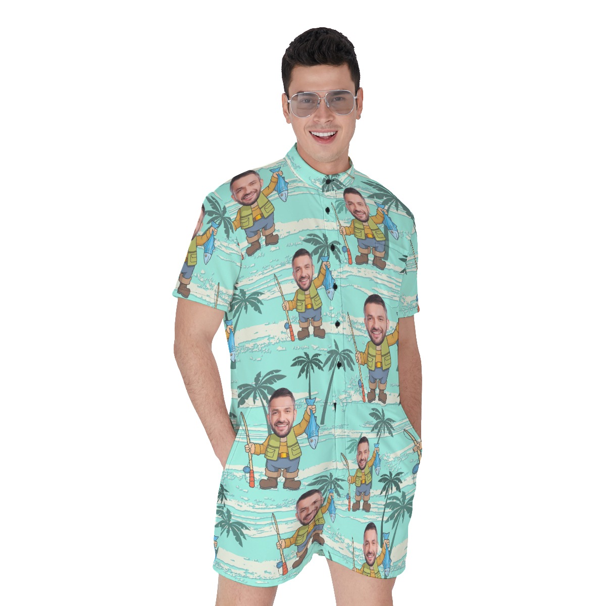 Funny Fishing Custom Face Hawaiian Romper For Men - variant image 1