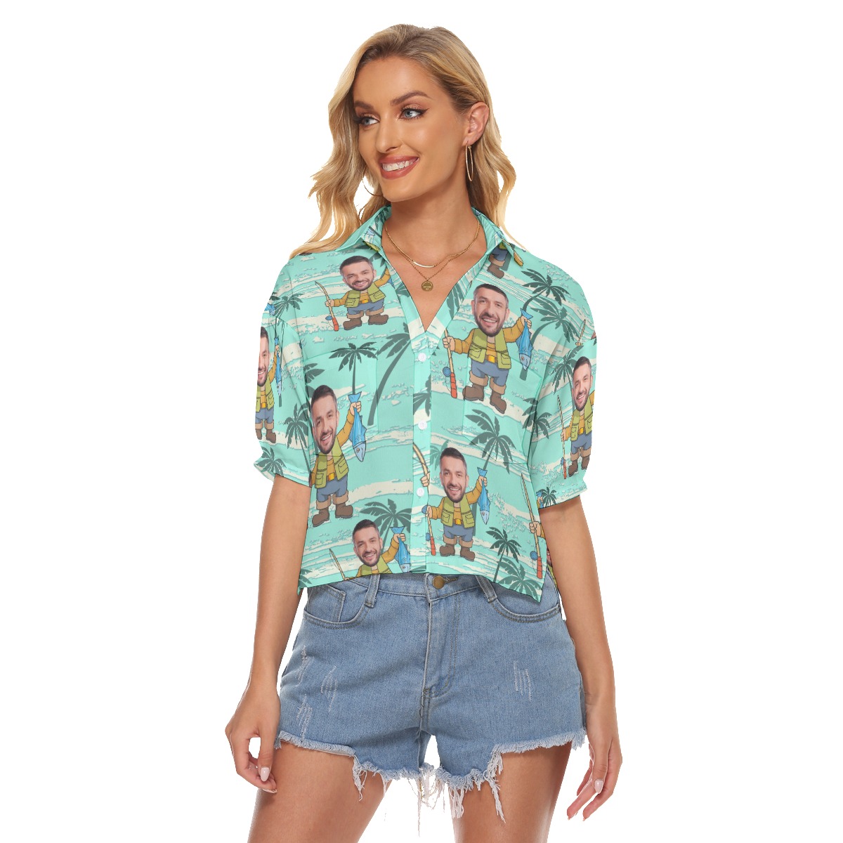 Blue Fishing Custom Face Crop Top Hawaiian Shirt For Women - variant image 1