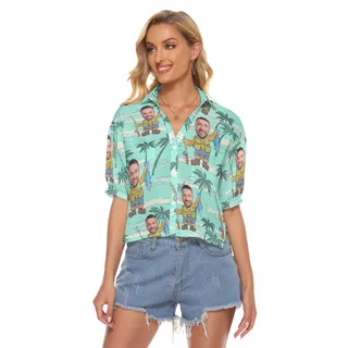Blue Fishing Custom Face Crop Top Hawaiian Shirt For Women