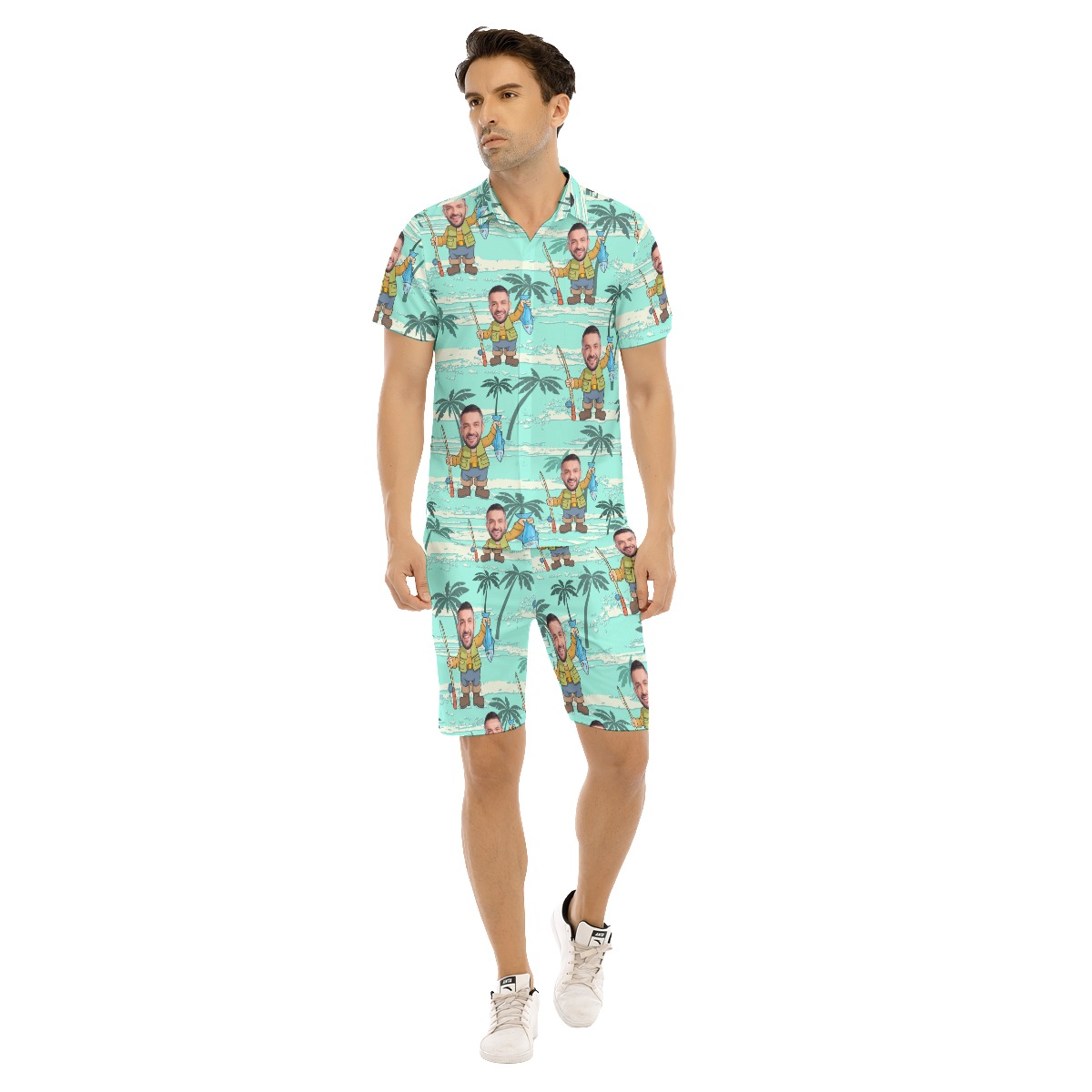 Cool Custom Face Fishing Blue Hawaiian Shirts And Shorts For Men - variant image 1