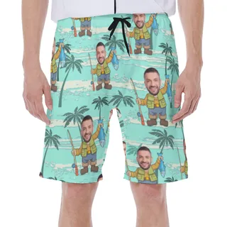 Funny Fishing Custom Face Aloha Swim Trunks For Men