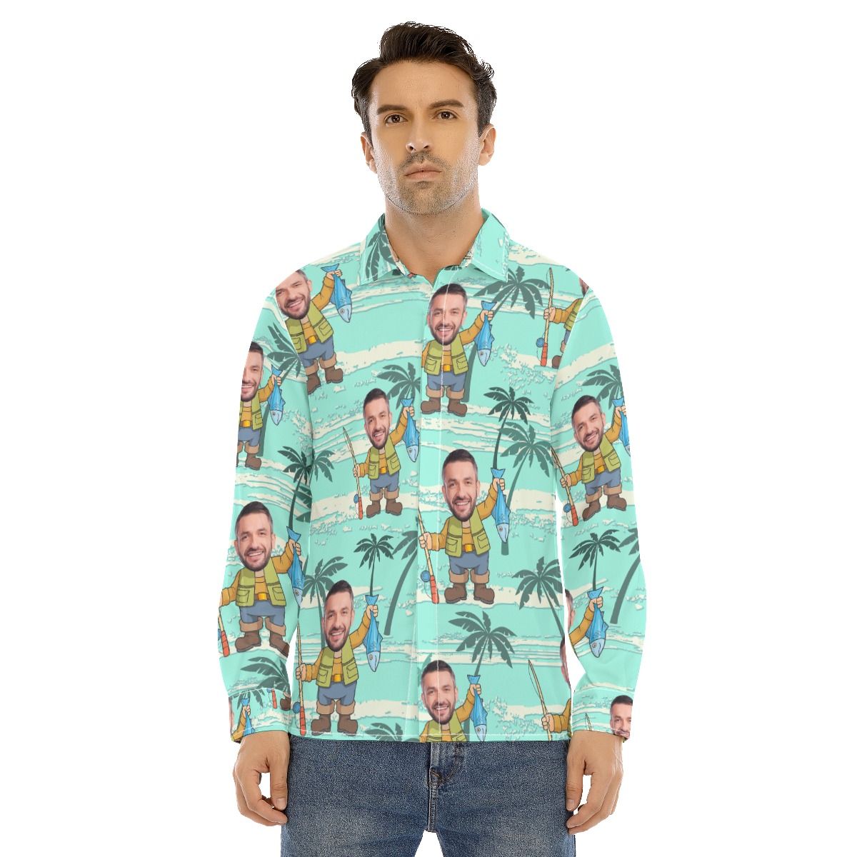 Men's Custom Face Fishing Man Long Sleeve Hawaiian Shirt - variant image 1