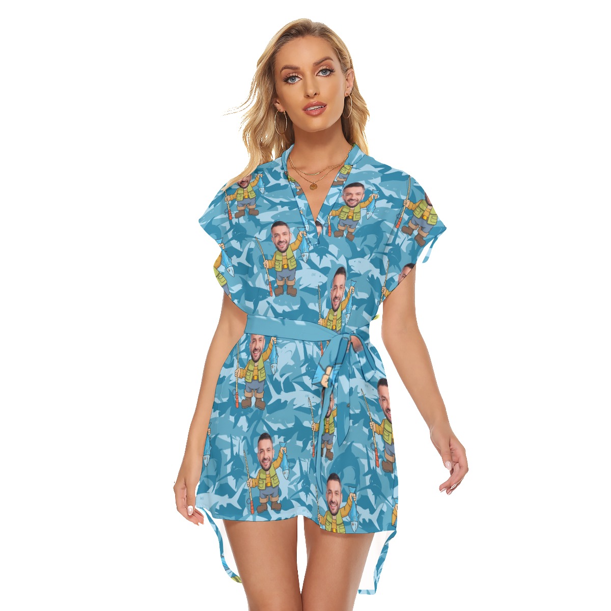Fishing Man Custom Face Women's Dress With Tie Belt - variant image 1