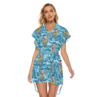 Fishing Man Custom Face Women's Dress With Tie Belt