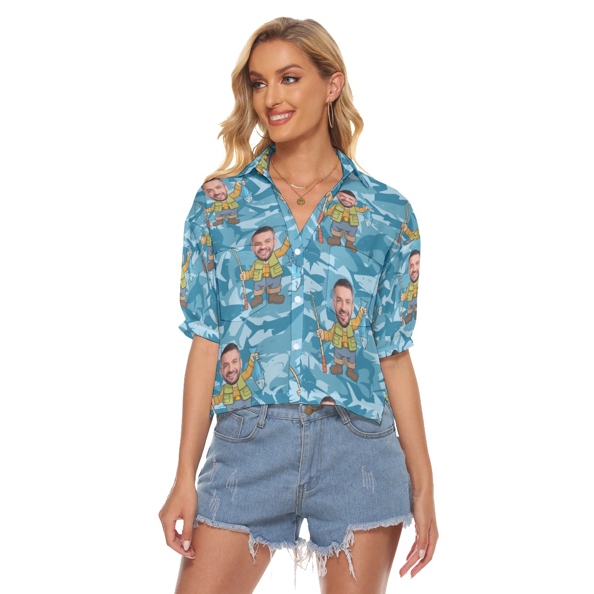 Custom Face Fishing Hawaiian Crop Top Shirt For Women - variant image 1