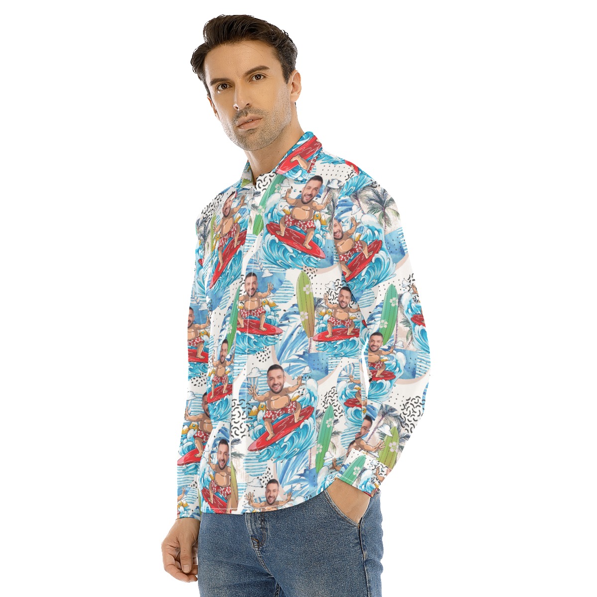 Custom Face Surfing Men's Hawaiian Long Sleeve Shirt