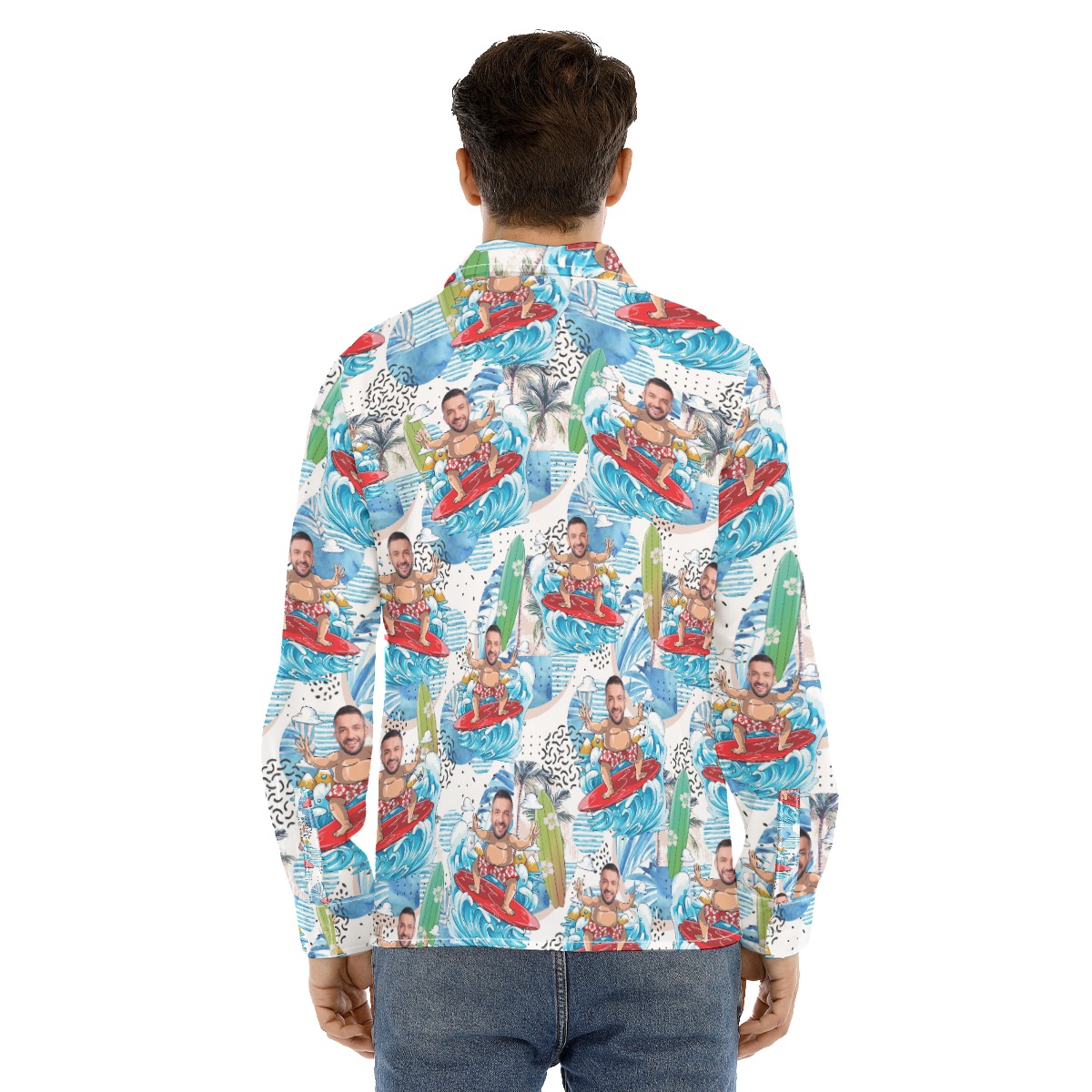 Custom Face Surfing Men's Hawaiian Long Sleeve Shirt