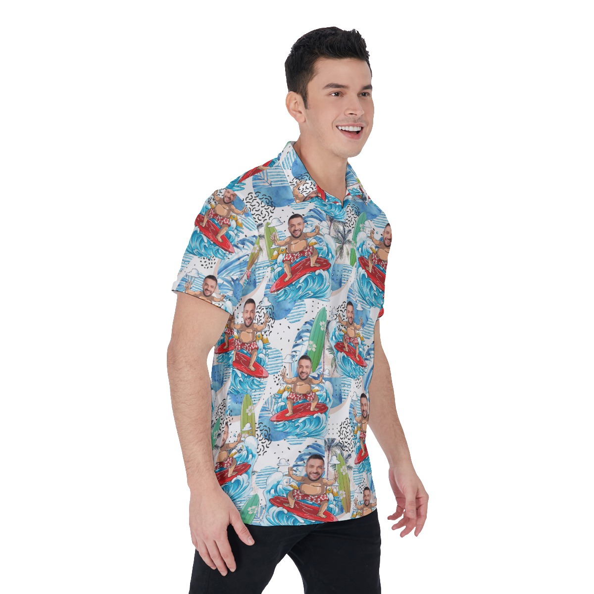 Custom Face Surfing Blue Hawaiian Polo Shirt For Men
