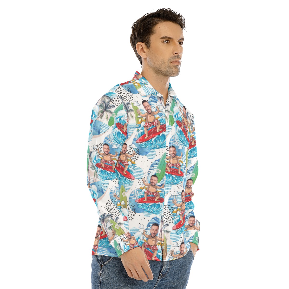 Custom Face Surfing Men's Hawaiian Long Sleeve Shirt
