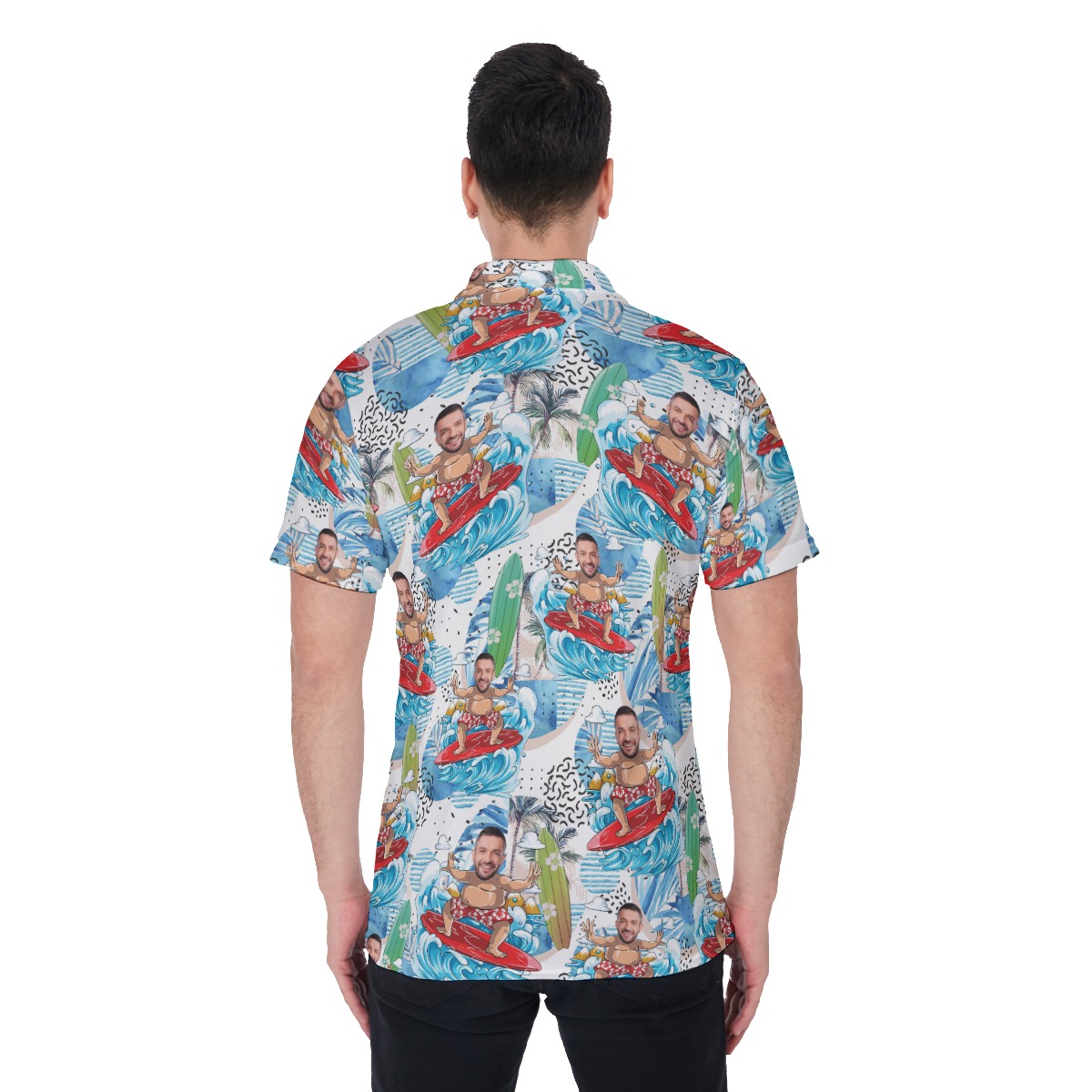 Custom Face Surfing Blue Hawaiian Polo Shirt For Men