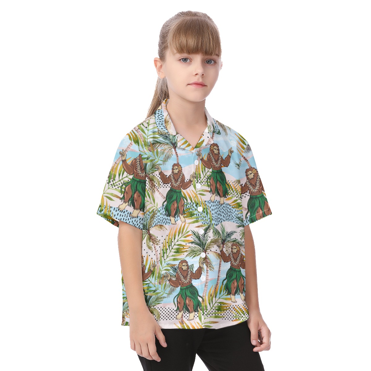 Funny Hula Bigfoot Tropical Aloha Button Up Shirt For Kids
