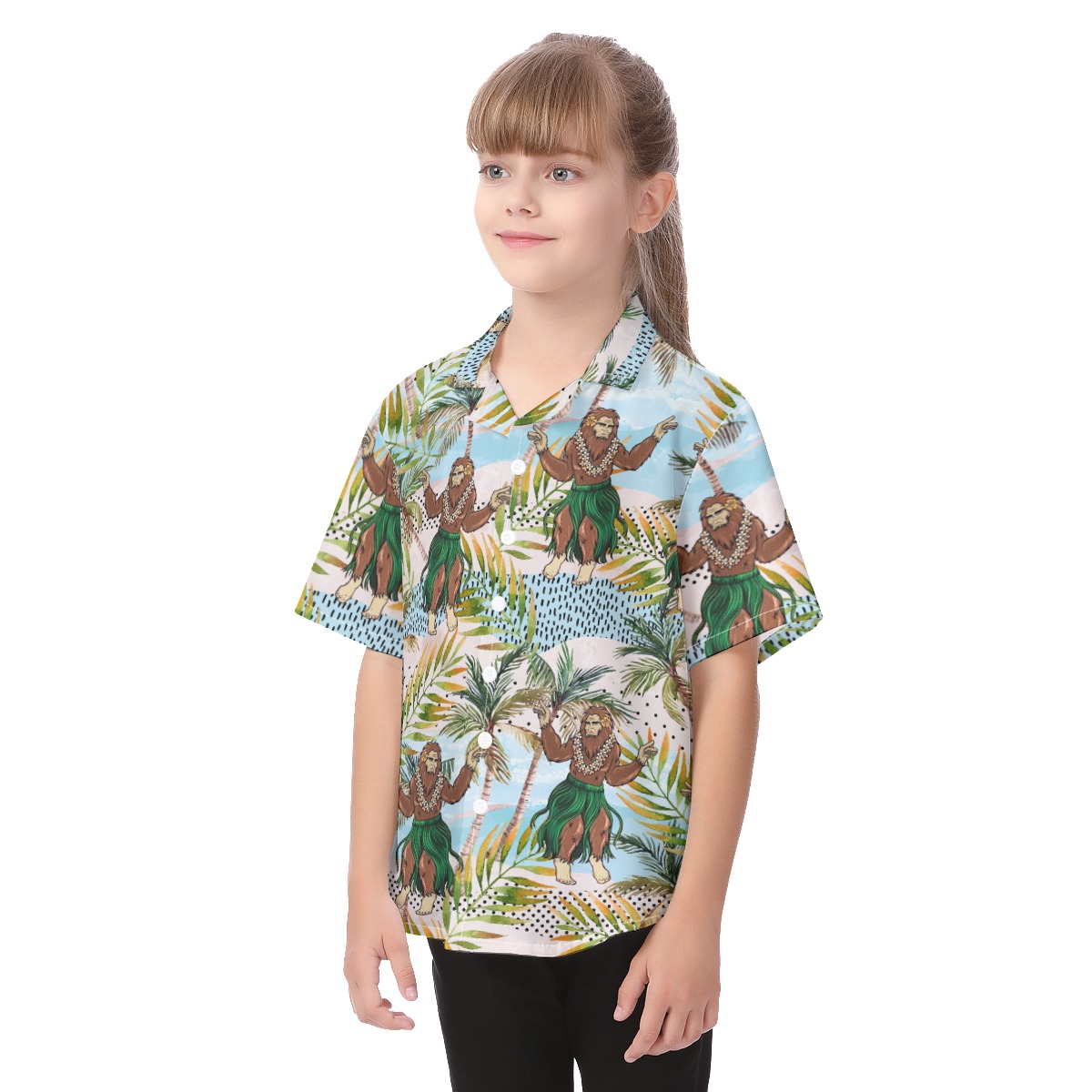 Funny Hula Bigfoot Tropical Aloha Button Up Shirt For Kids