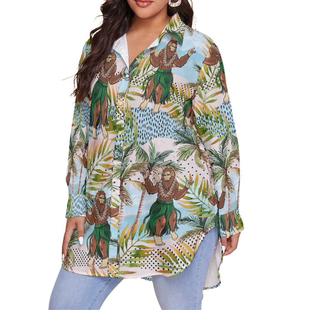 Funny Hula Bigfoot Tropical Hawaiian Plus Size Shirt For Women