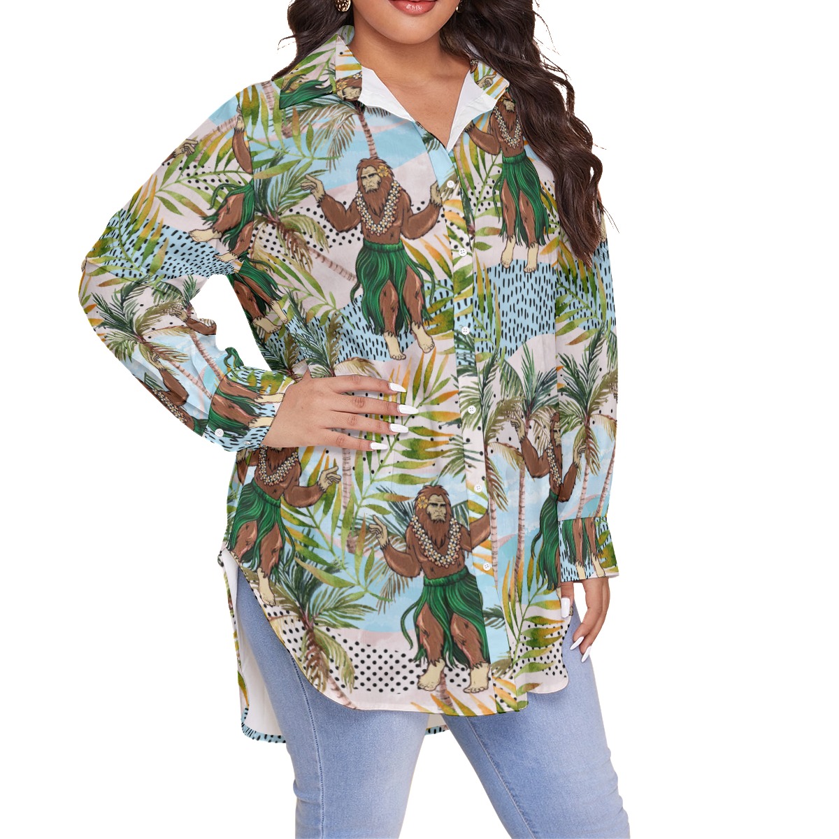 Funny Hula Bigfoot Tropical Hawaiian Plus Size Shirt For Women