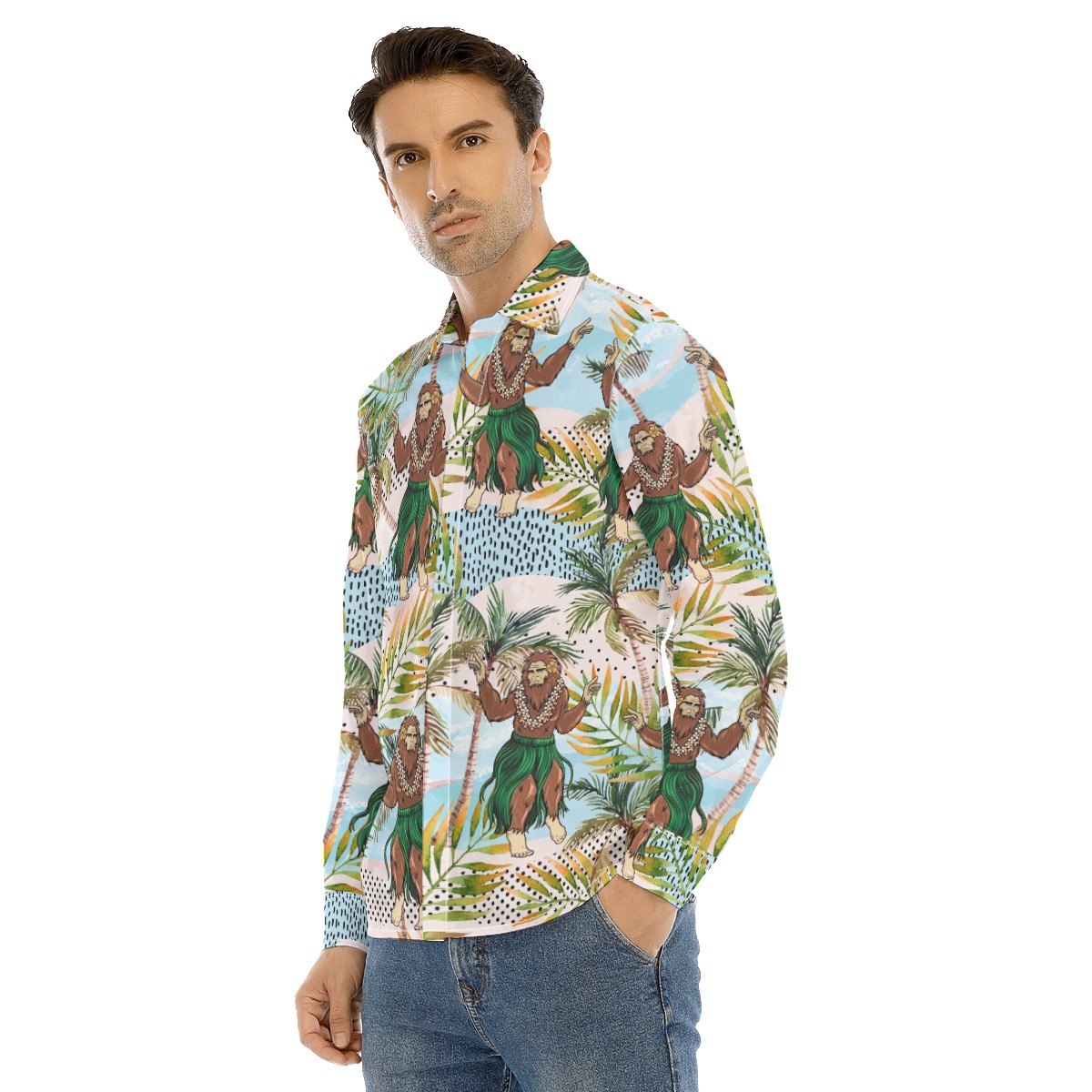 Funny Bigfoot Hawaiian Style Long Sleeve Shirt For Men