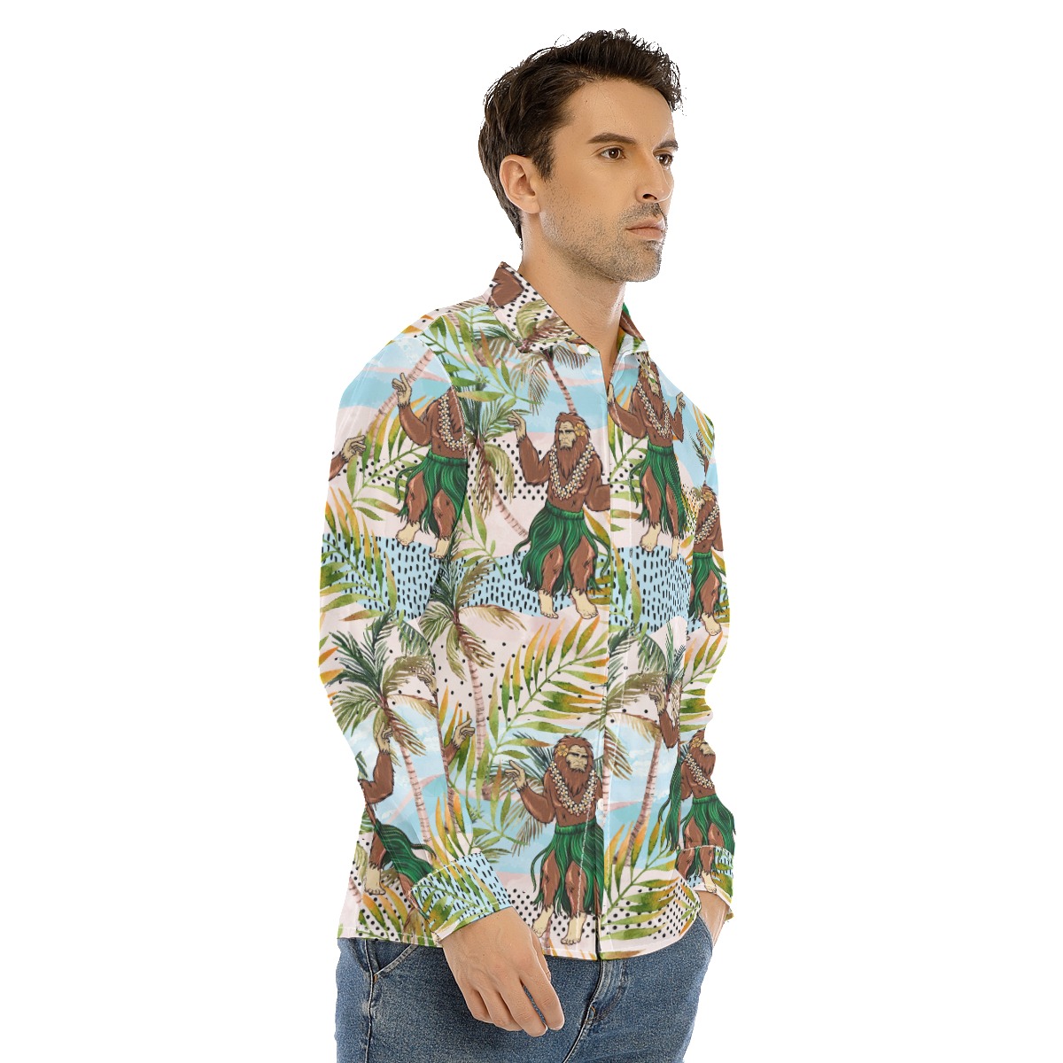 Funny Bigfoot Hawaiian Style Long Sleeve Shirt For Men
