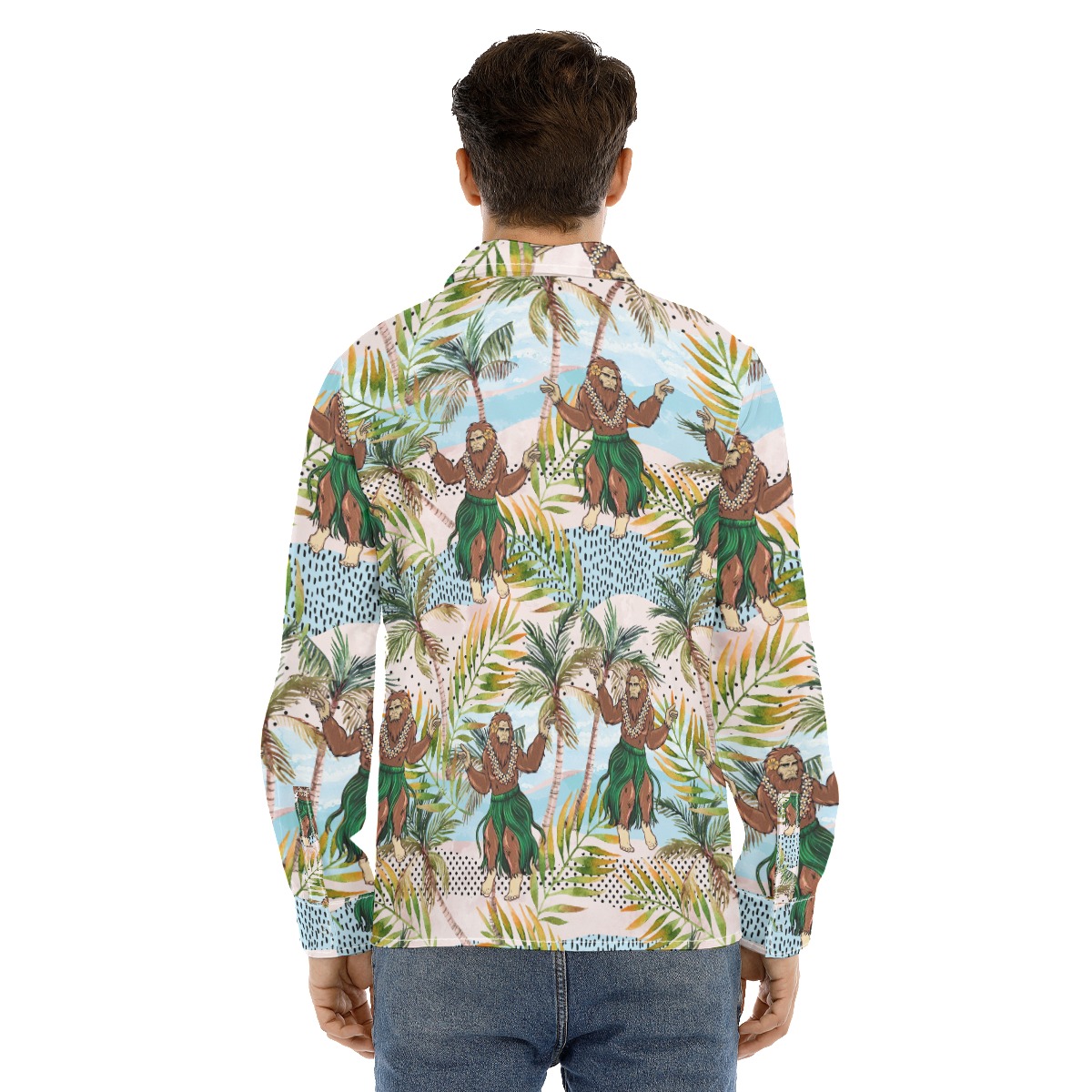 Funny Bigfoot Hawaiian Style Long Sleeve Shirt For Men