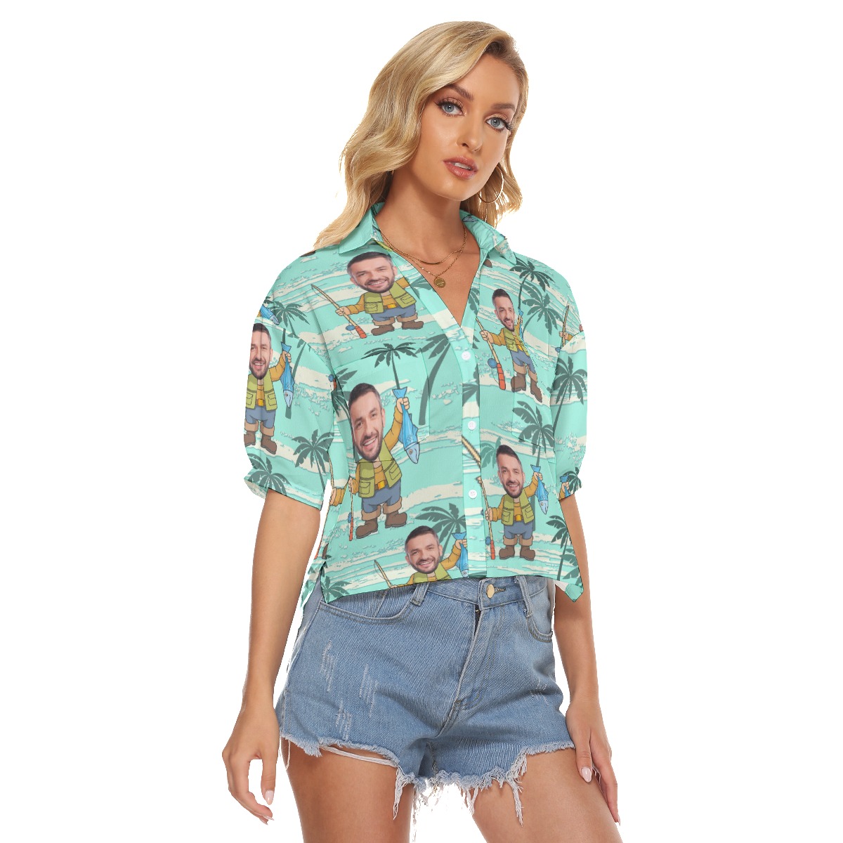 Blue Fishing Custom Face Crop Top Hawaiian Shirt For Women