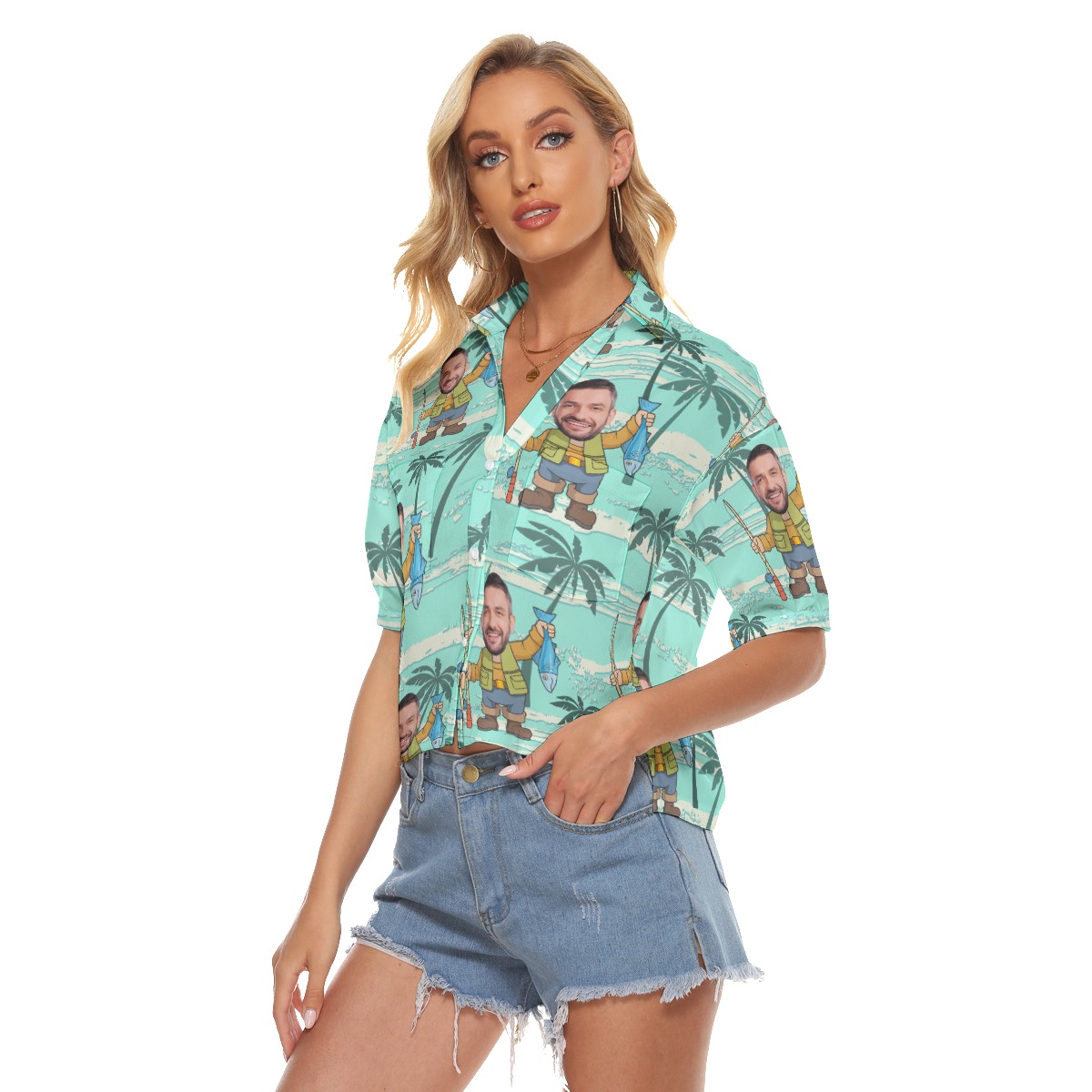 Blue Fishing Custom Face Crop Top Hawaiian Shirt For Women